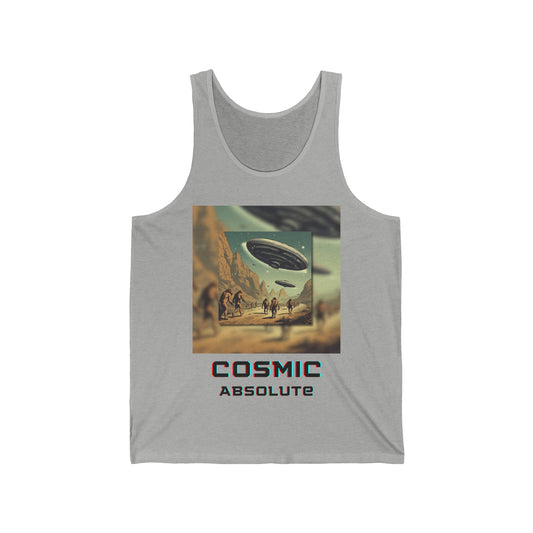 Primitive Power Meets Futuristic Fitness: Cave Men and Flying Saucers Gym Tank Top