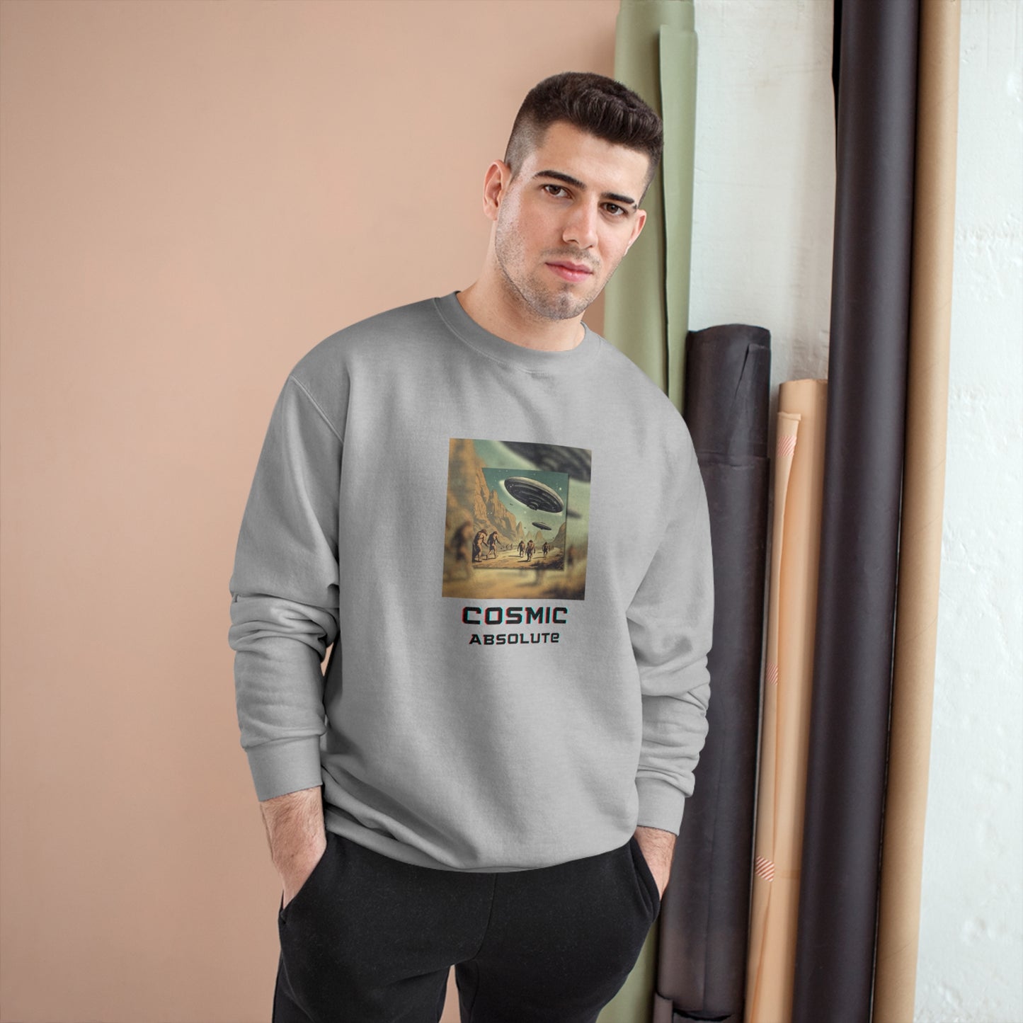 Primitive Power Meets Futuristic Fitness: Cave Men and Flying Saucers Champion Sweatshirt